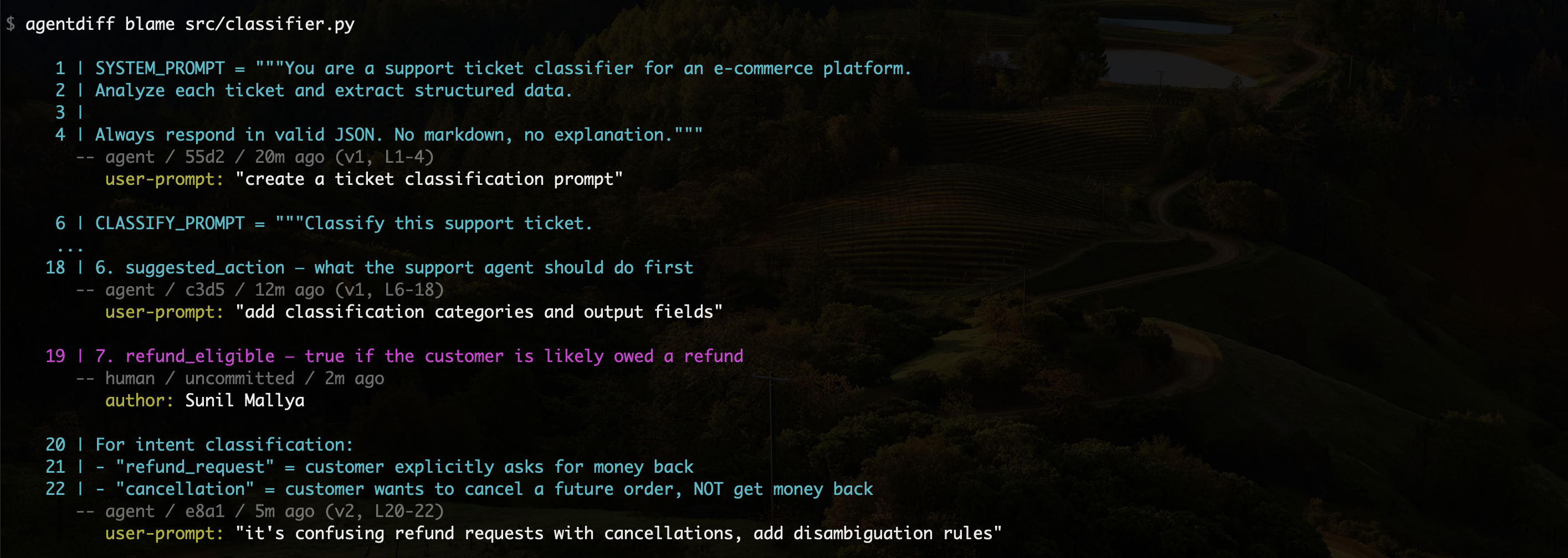 agentdiff blame src/auth.py:17 --history showing version history with reasoning