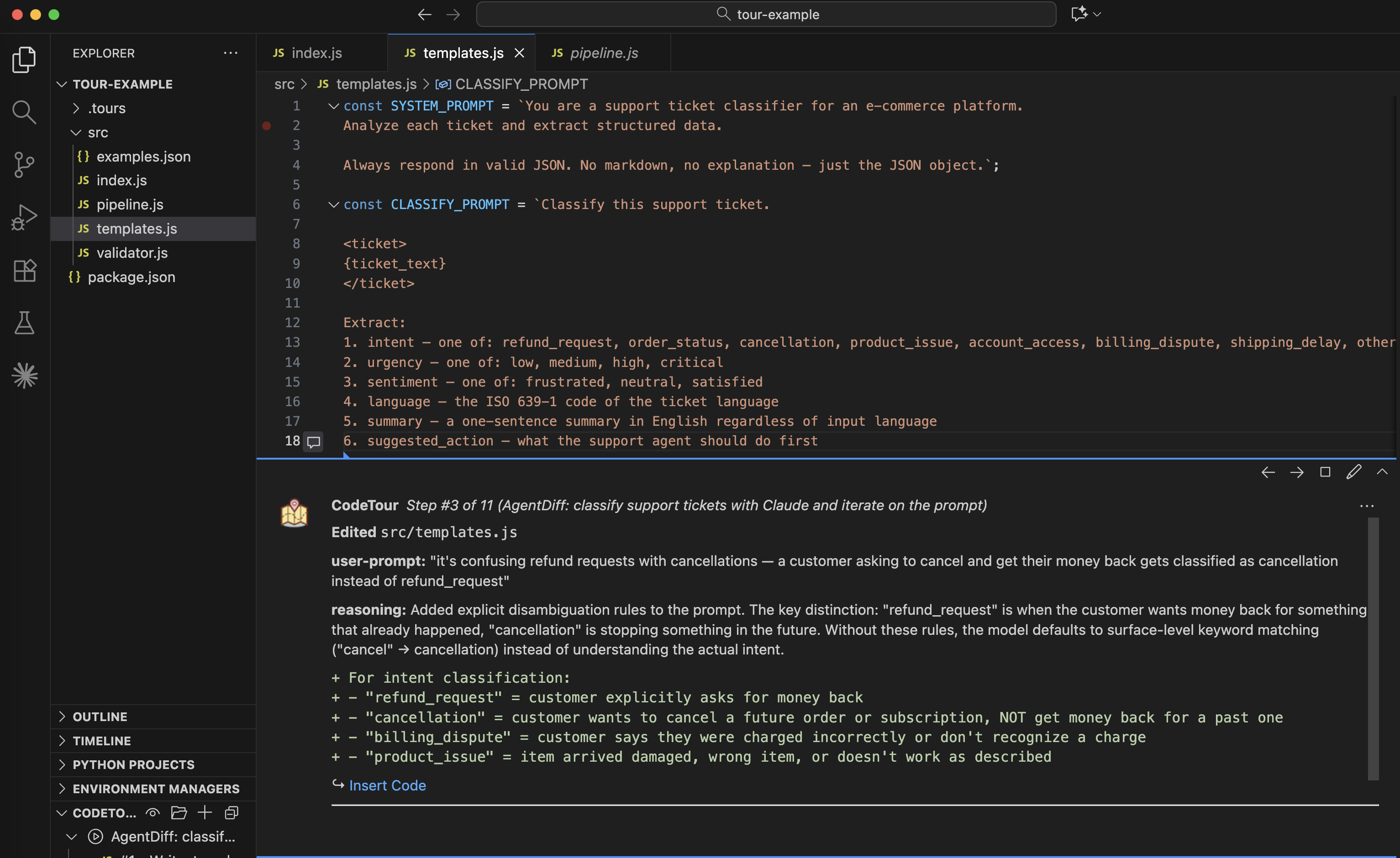 AgentDiff CodeTour in VS Code showing step-by-step agent reasoning